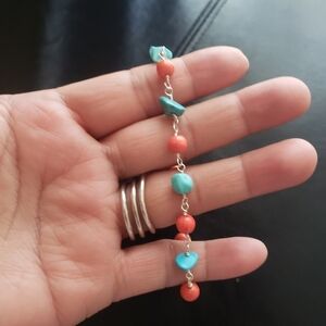 New Women's 7" Turquoise and coral wire wrapped Bracelet with sterling silver S